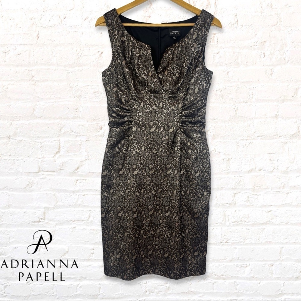 Adrianna Papell Black Brocade Lace Cocktail Dress with Waist Shirring Size 10